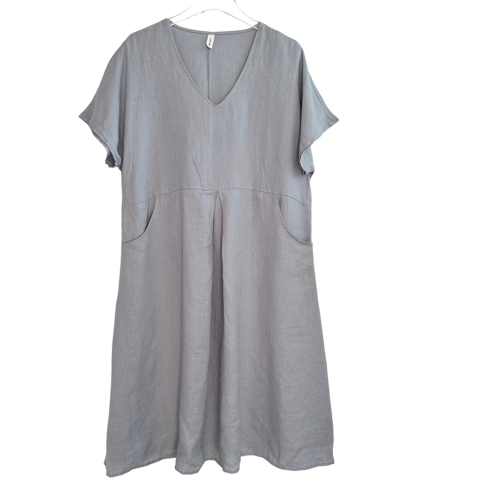 Grae Cove A Line Short Sleeve Linen Dress Women XL Blue Gray V Neck Pockets